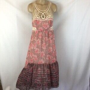 Free People Floral Print Long Maxi Sleeveless Boho Patchwork Crochet Dress 4